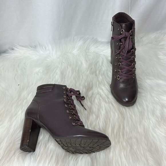 Antonio Melani Burgundy Leather Lace Up Leather Stack Heel Ankle Boots Sz 9.5 - Picture 1 of 8